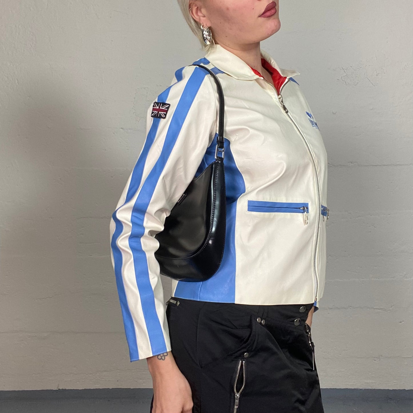 Vintage 2000's Londsdale Sporty White Faux Leather Short Biker Jacket with Blue Trims and Zips Detail (S/M)