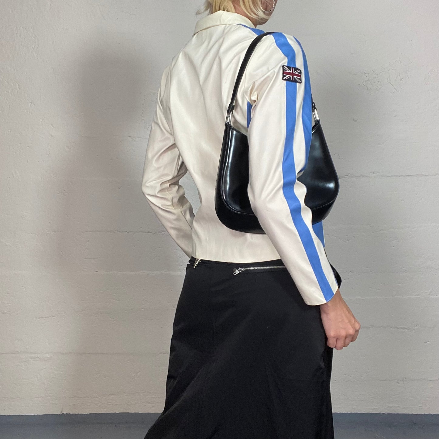 Vintage 2000's Londsdale Sporty White Faux Leather Short Biker Jacket with Blue Trims and Zips Detail (S/M)