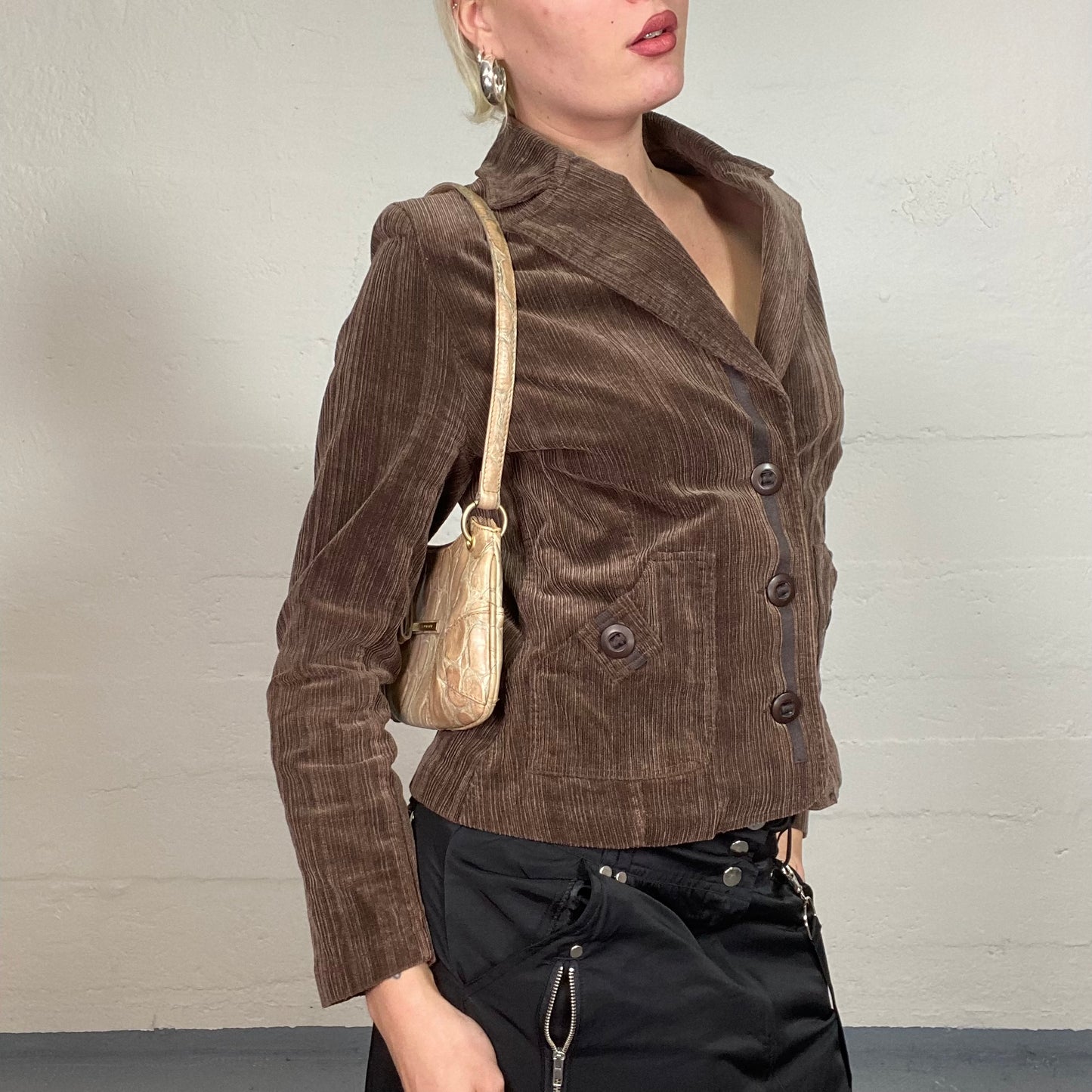 Vintage 90's Model Off Duty Brown Short Corduroy Blazer Jacket with Button Up Detail (S)