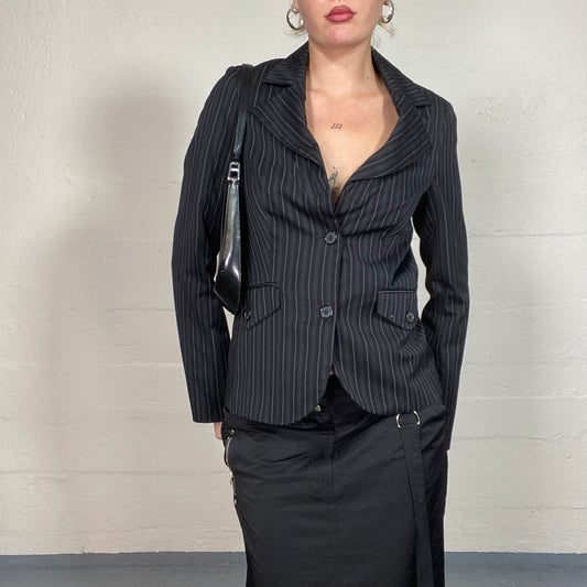 Vintage 90's Office Black Short Blazer Jacket with Grey Pinestripes Print (S)