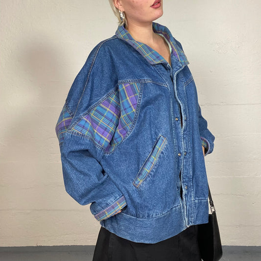 Vintage 90's Retro Girl Denim Oversized Jacket with Checkered Patches Detail (L)