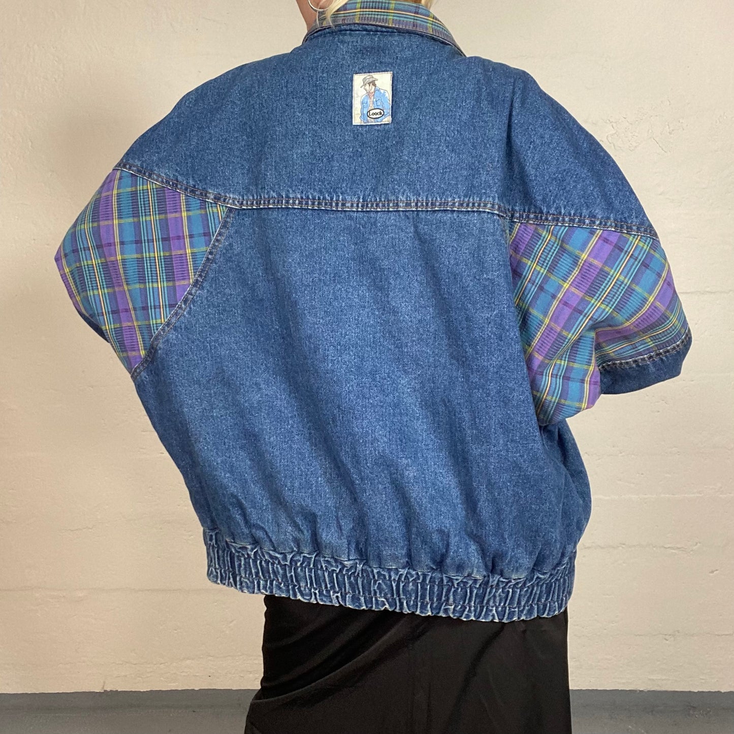 Vintage 90's Retro Girl Denim Oversized Jacket with Checkered Patches Detail (L)