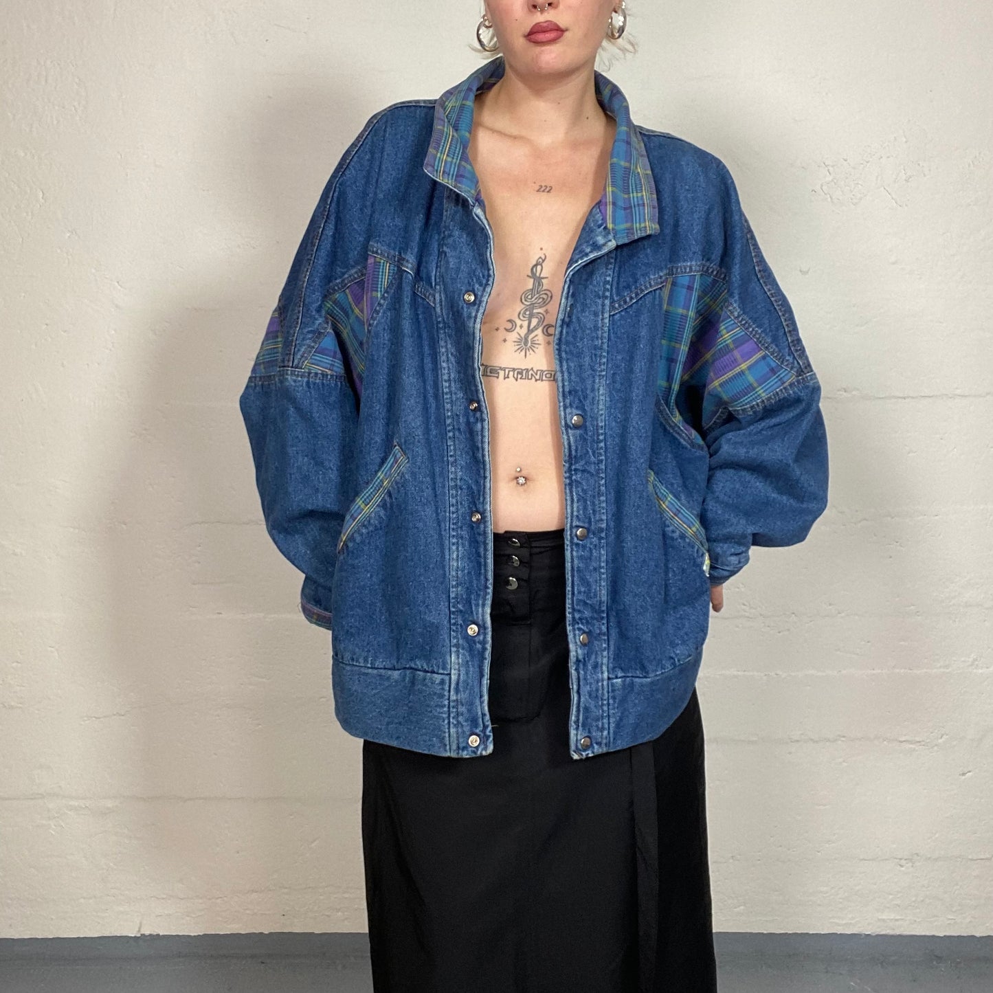 Vintage 90's Retro Girl Denim Oversized Jacket with Checkered Patches Detail (L)