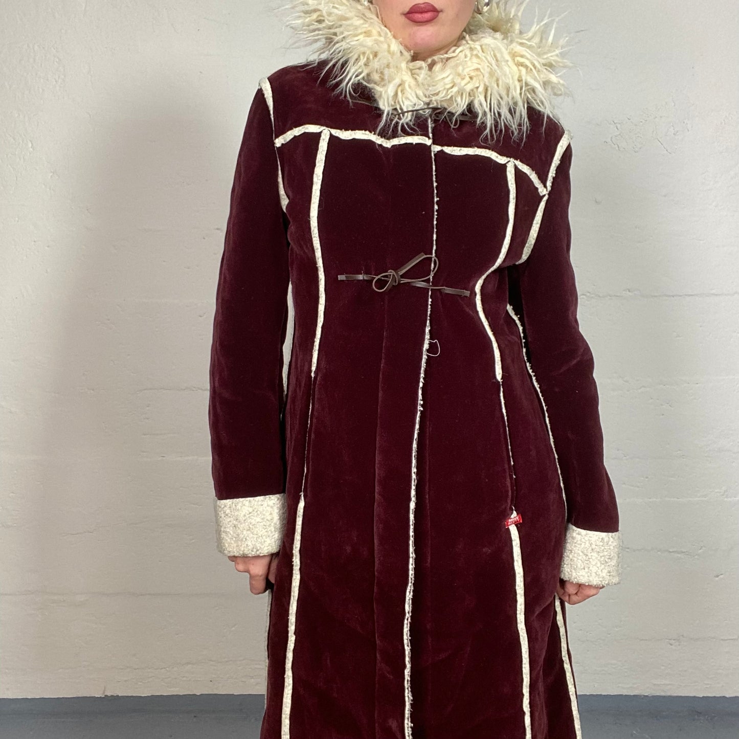 Vintage 2000's Miss Sixty Bratz Garnet Long Afghan Coat with White Collar and Sleeves Fur Detail (M)