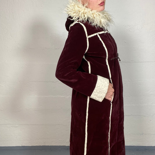 Vintage 2000's Miss Sixty Bratz Garnet Long Afghan Coat with White Collar and Sleeves Fur Detail (M)