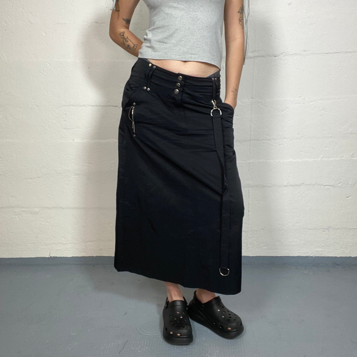 Vintage 2000's Punk Black Maxi Skirt with Silver Studs and Zips Detail (M)