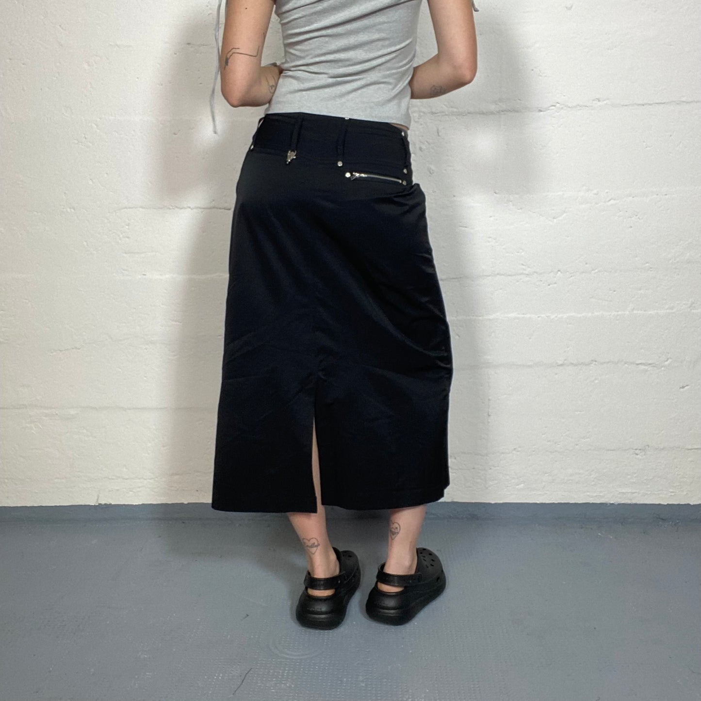 Vintage 2000's Punk Black Maxi Skirt with Silver Studs and Zips Detail (M)