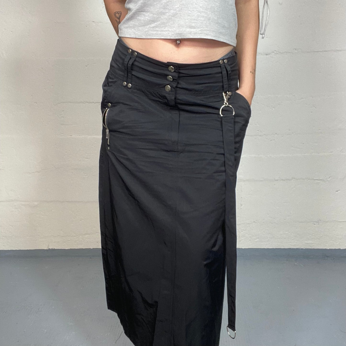 Vintage 2000's Punk Black Maxi Skirt with Silver Studs and Zips Detail (M)