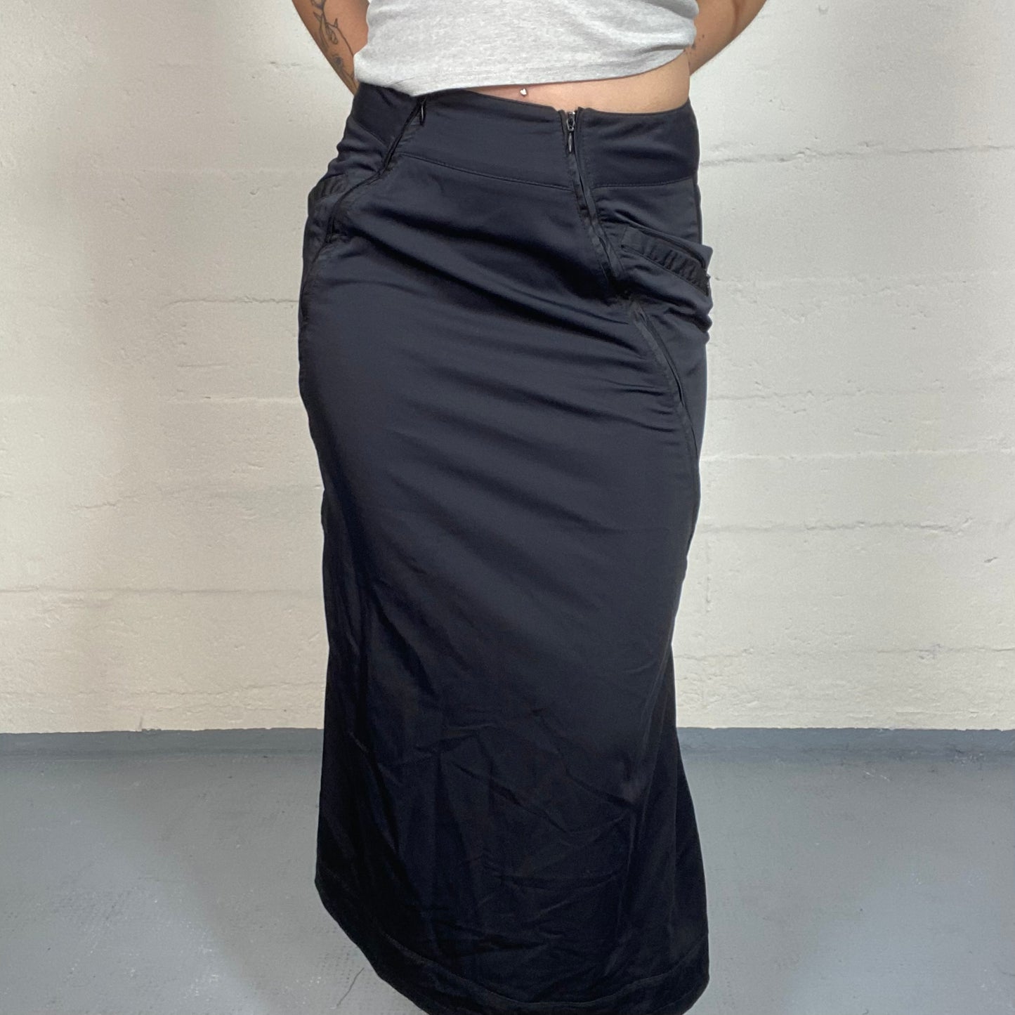 Vintage 2000's Punk Black Pencil Maxi Skirt with Double Frontal Zip Detail (S)