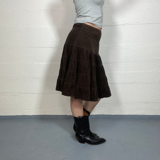 Vintage 90's Fairy Brown Suede Midi Skirt with Volant Fall (S/M)