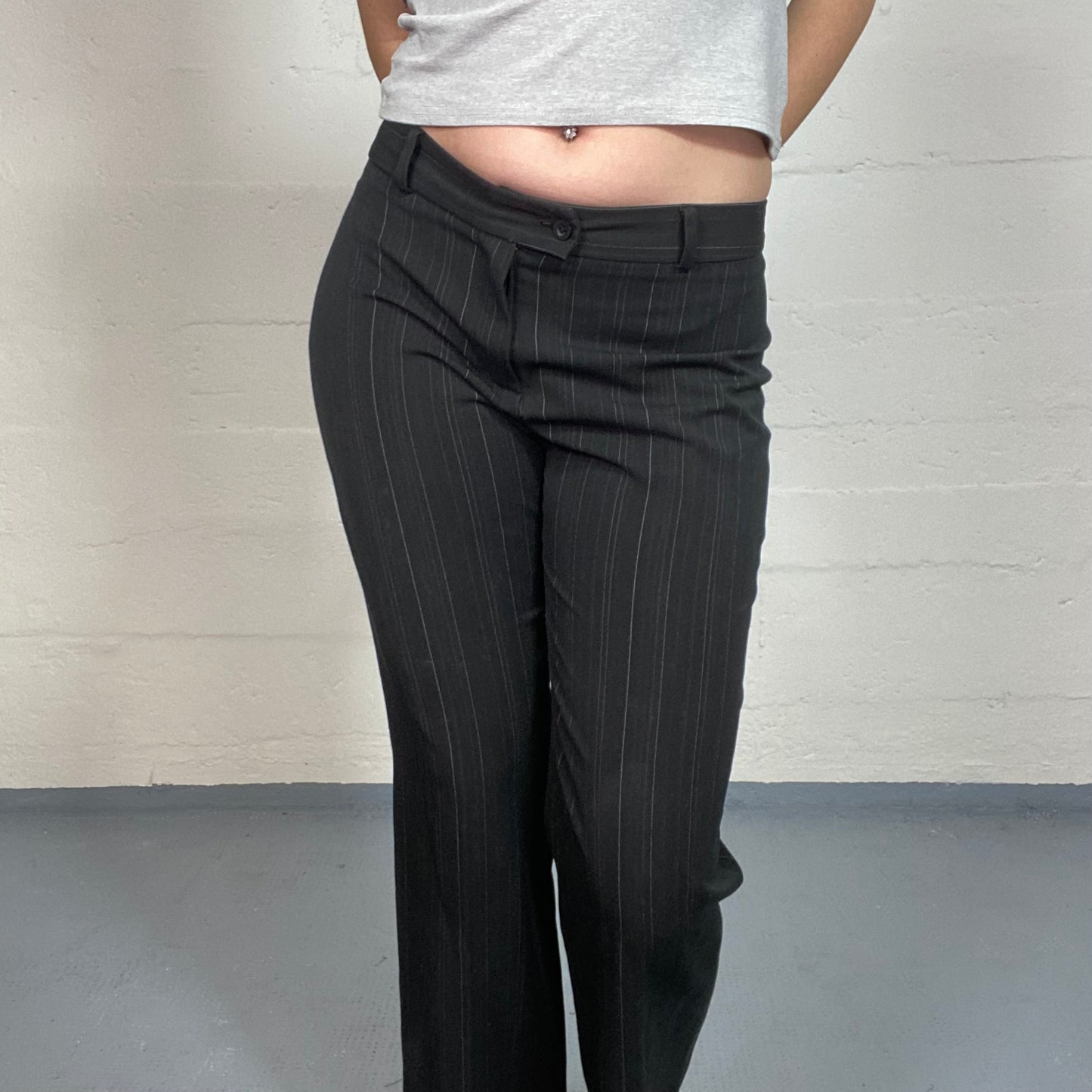 Vintage 2000's Office Girl Black Low Waist Pants with Pinestripes Print (S)