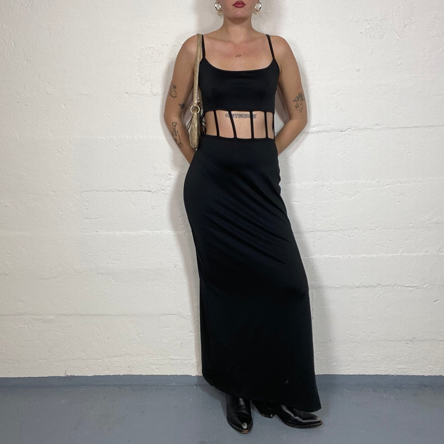 Vintage 90's Rave Black Maxi Dress with Open Waist with Trims Detail (M)