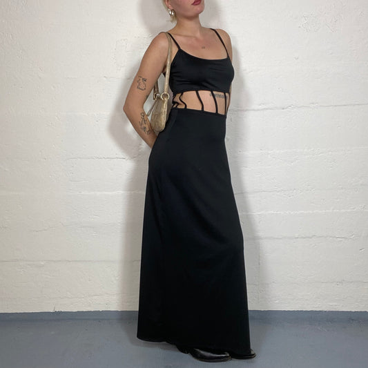 Vintage 90's Rave Black Maxi Dress with Open Waist with Trims Detail (M)