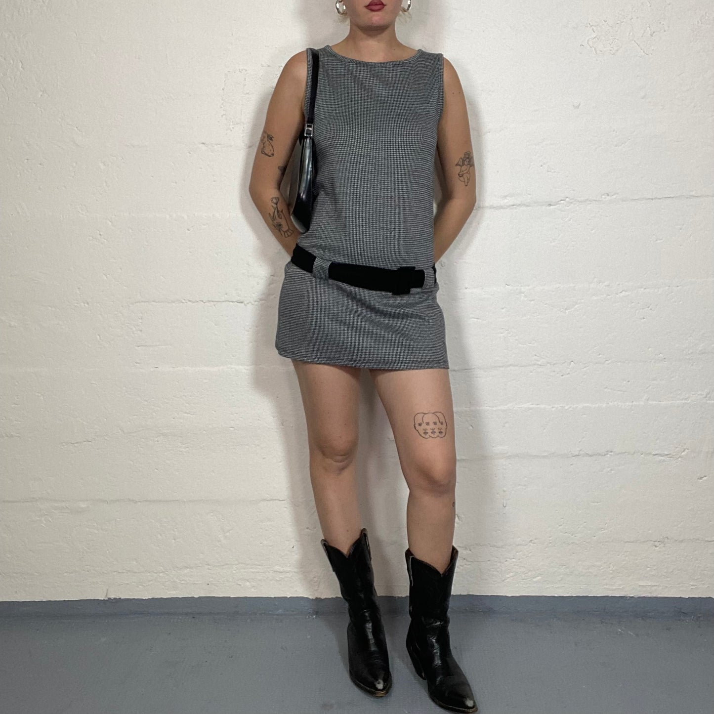 Vintage 90's Model Off Duty Grey Mini Dress with Checkered Print and Low Belt Detail (XS)