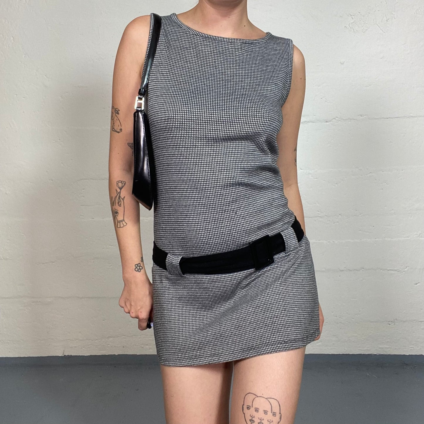 Vintage 90's Model Off Duty Grey Mini Dress with Checkered Print and Low Belt Detail (XS)