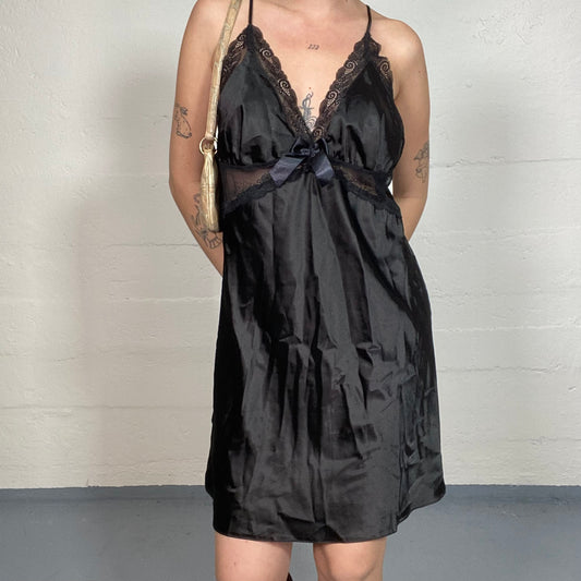 Vintage 90's Gothic Black Mini Satin Slip Dress with Chest Ribbon Detail (L)