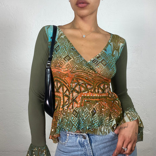 Vintage 2000's Boho Girl Green Longsleeve Top with Blue and Orange Abstract Printed Rhinestone Decor Top (S)