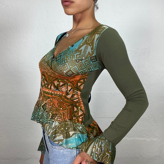 Vintage 2000's Boho Girl Green Longsleeve Top with Blue and Orange Abstract Printed Rhinestone Decor Top (S)