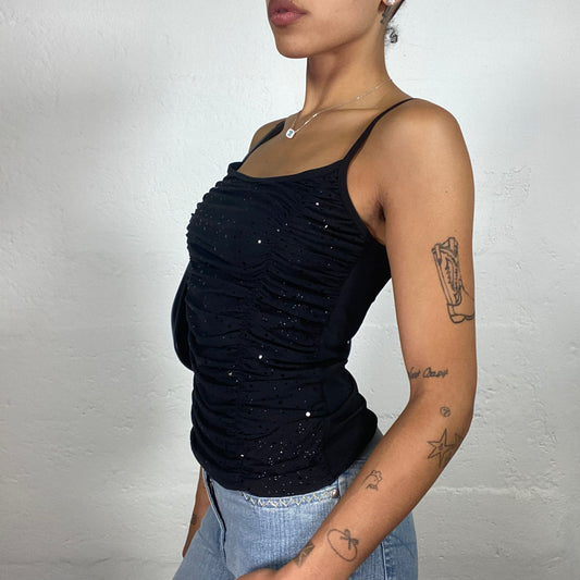 Vintage 2000's Clubwear Draped Black Shiny Disco Cami Top (M)