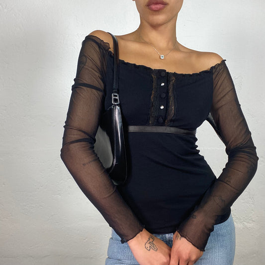 Vintage 2000's Boho Girl Black Ruffled Decor Longsleeve Top with Brown Silky Stripe (M)