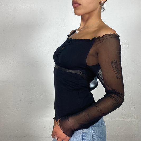 Vintage 2000's Boho Girl Black Ruffled Decor Longsleeve Top with Brown Silky Stripe (M)