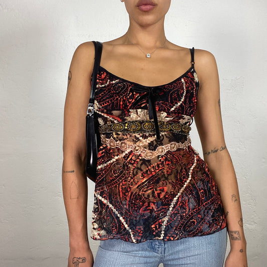 Vintage 2000's Boho Girl Brown and Red Toned Cami Printed Asymmetric Trim Top (S)