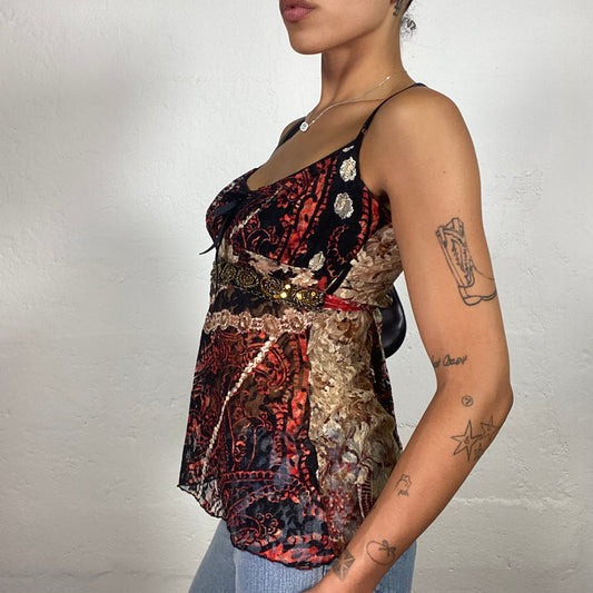 Vintage 2000's Boho Girl Brown and Red Toned Cami Printed Asymmetric Trim Top (S)