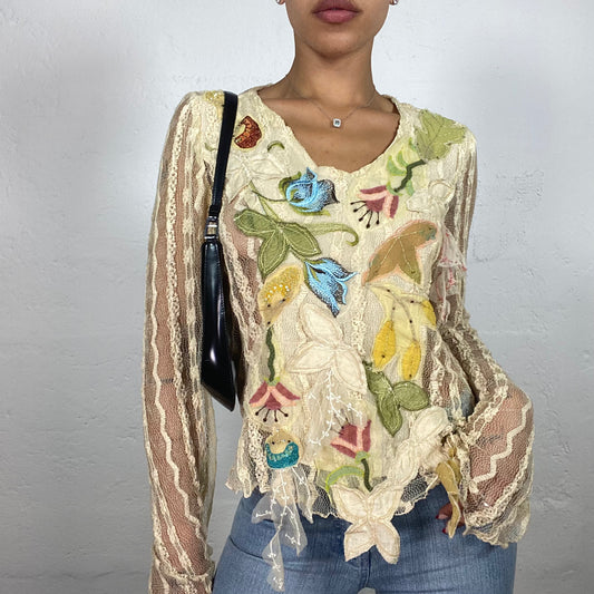 Vintage 2000's Romantic Warm Beige See Through Lace Floral Embroidery Longsleeve Top (S)