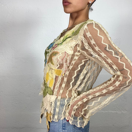 Vintage 2000's Romantic Warm Beige See Through Lace Floral Embroidery Longsleeve Top (S)