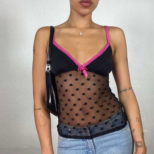 Vintage 2000's Cute Clubwear Black Polka Dot Mesh Top with Pink Trim (S)
