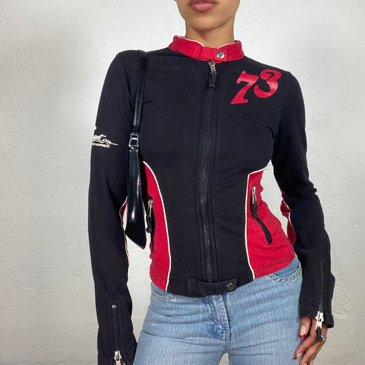 Vintage 2000's Racer Girl Black and Red Motto Zip Up Jacket (M)