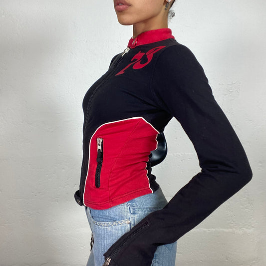 Vintage 2000's Racer Girl Black and Red Motto Zip Up Jacket (M)