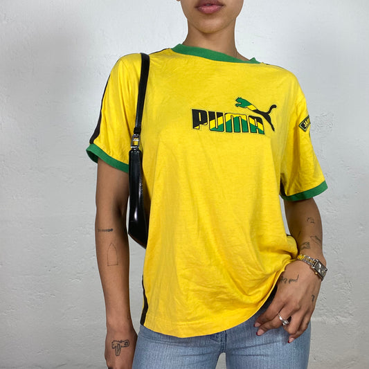 Vintage 2000's Archive Puma Sporty Yellow T-Shirt with Black and Green Details (L)