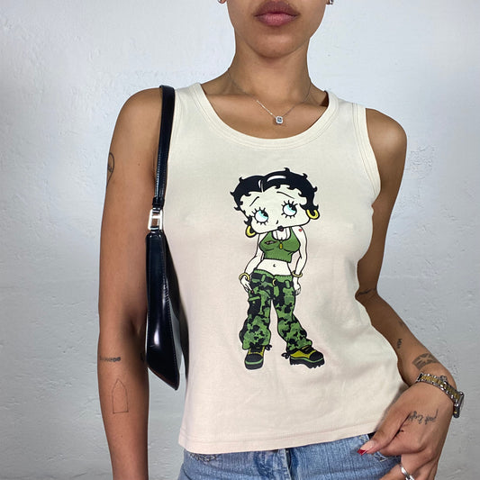 Vintage 2000's Betty Boop Cute Beige Tank Top with Cartoon Character Print (S)