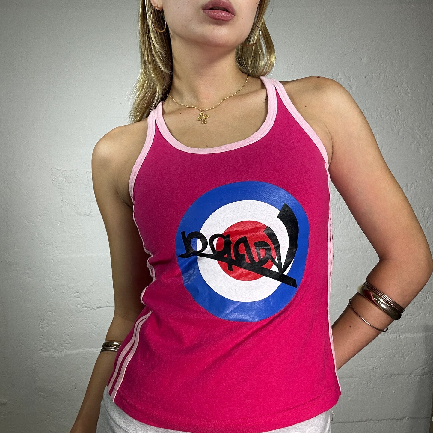 Vintage 2000's Sporty Dance Girl Hot Pink Top with Blue Circle Print (M)