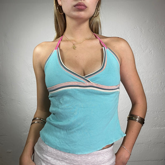 Vintage 2000's Cute Summer Water Blue Neckholder Top with Striped Print and Pink Accent (S)