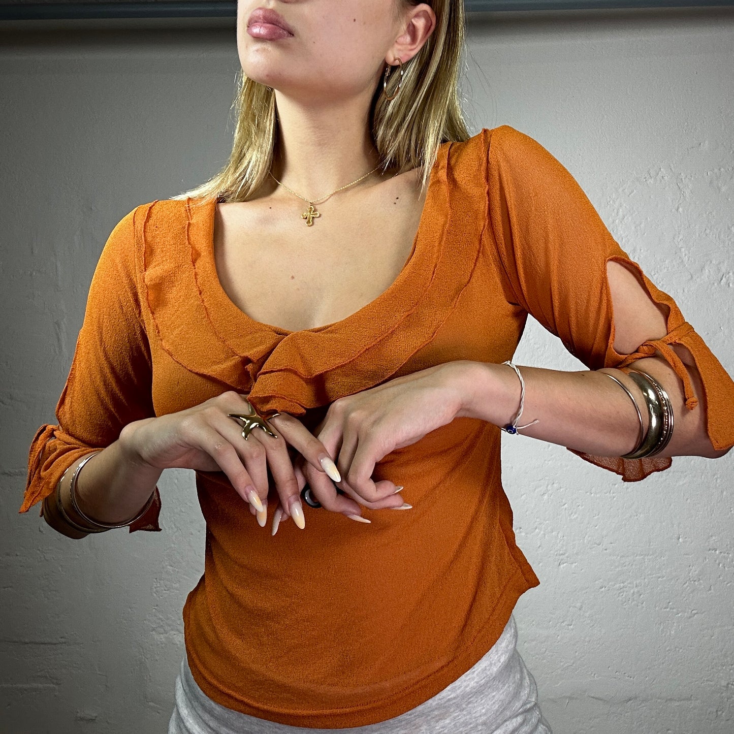 Vintage 90's Downtown Girl Burnt Orange 3/4 Sleeve Top with Ruffle Collar (S)