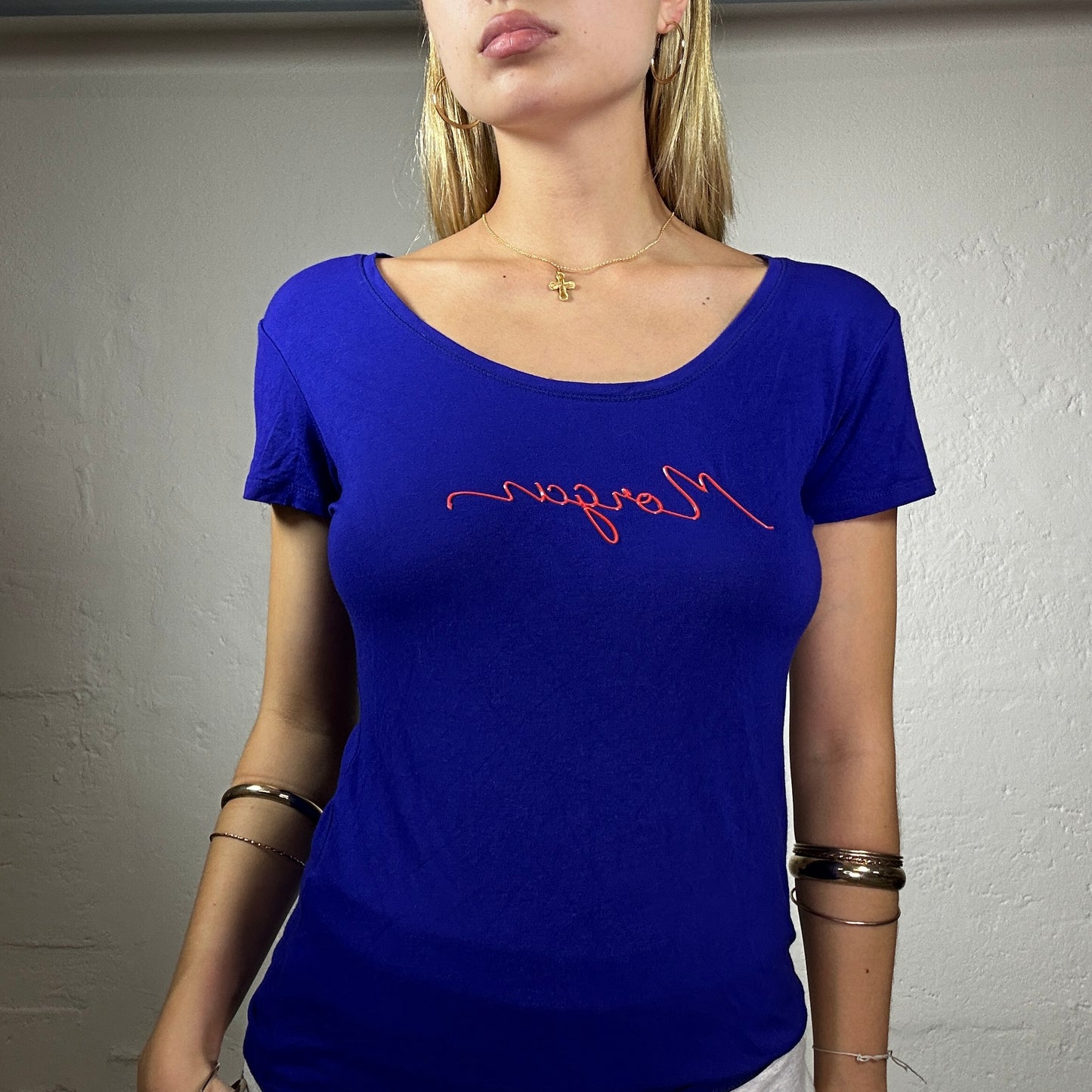 Vintage 2000's Archive Morgan Electric Blue Shirt with Red Logo Emboridery (M)