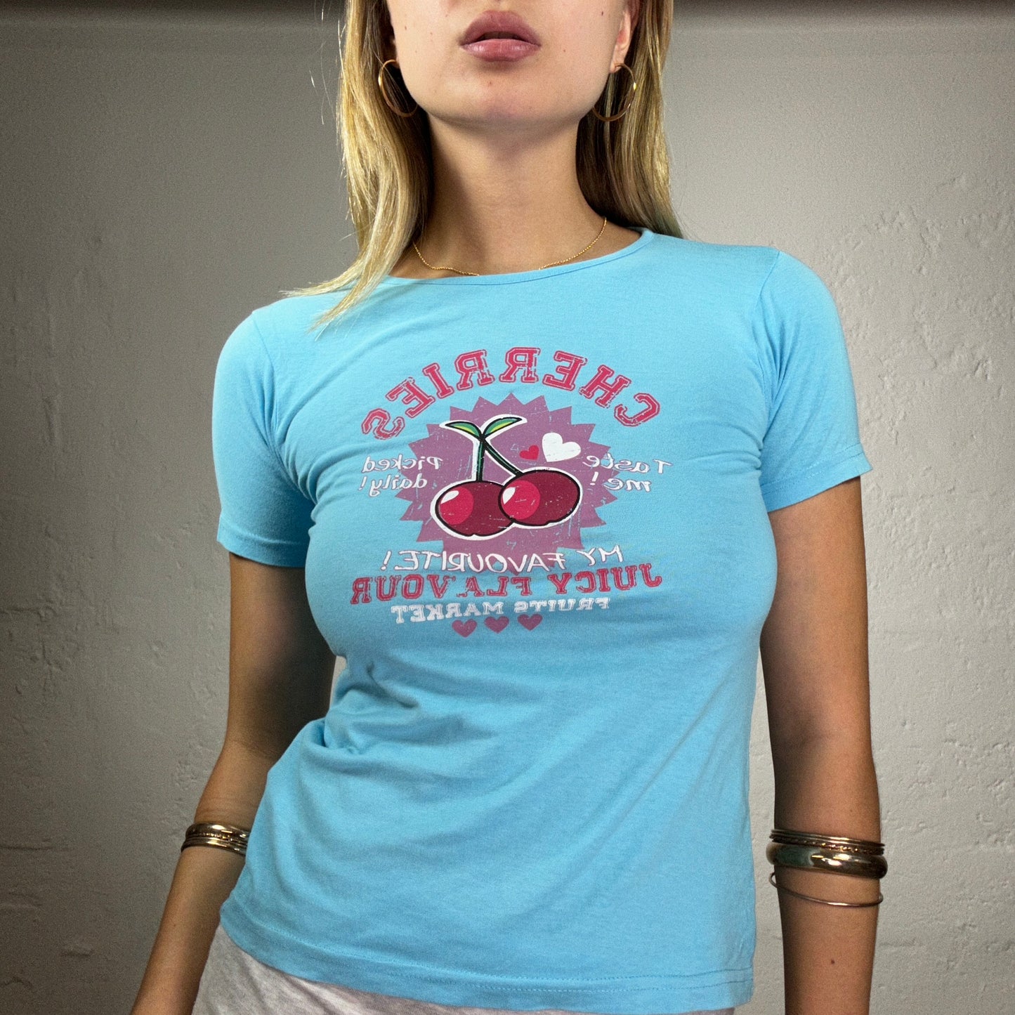 Vintage 2000's Downtown Girl Blue Y2K Baby Tee with Red Cherries Print (S)