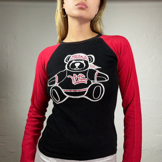 Vintage 2000's Skater Girl Black and Red Longsleeve Top with Bear White Print (S)