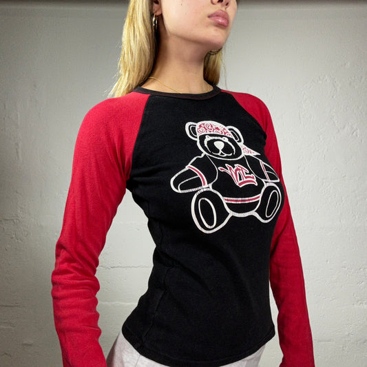 Vintage 2000's Skater Girl Black and Red Longsleeve Top with Bear White Print (S)