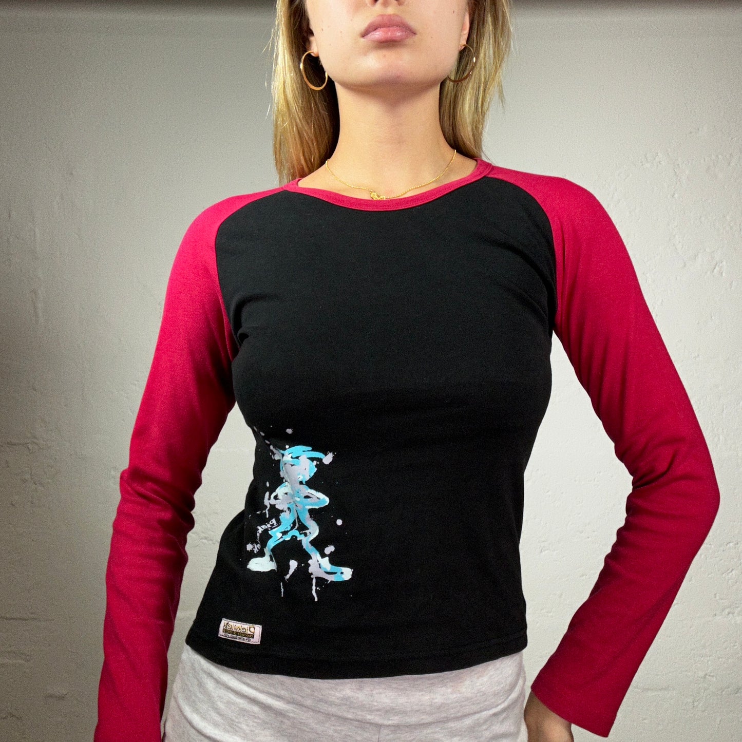 Vintage 2000's Downtown Skater Girl Red and Black Longsleeve Top with Blue Cartoon Bottom Print (S)