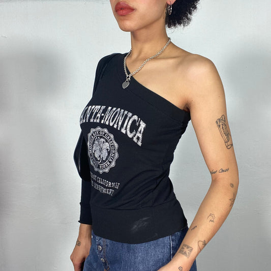 Vintage 2000's Streetstyle Black One Shoulder Top with 'Santa-Monica' Print (S/M)