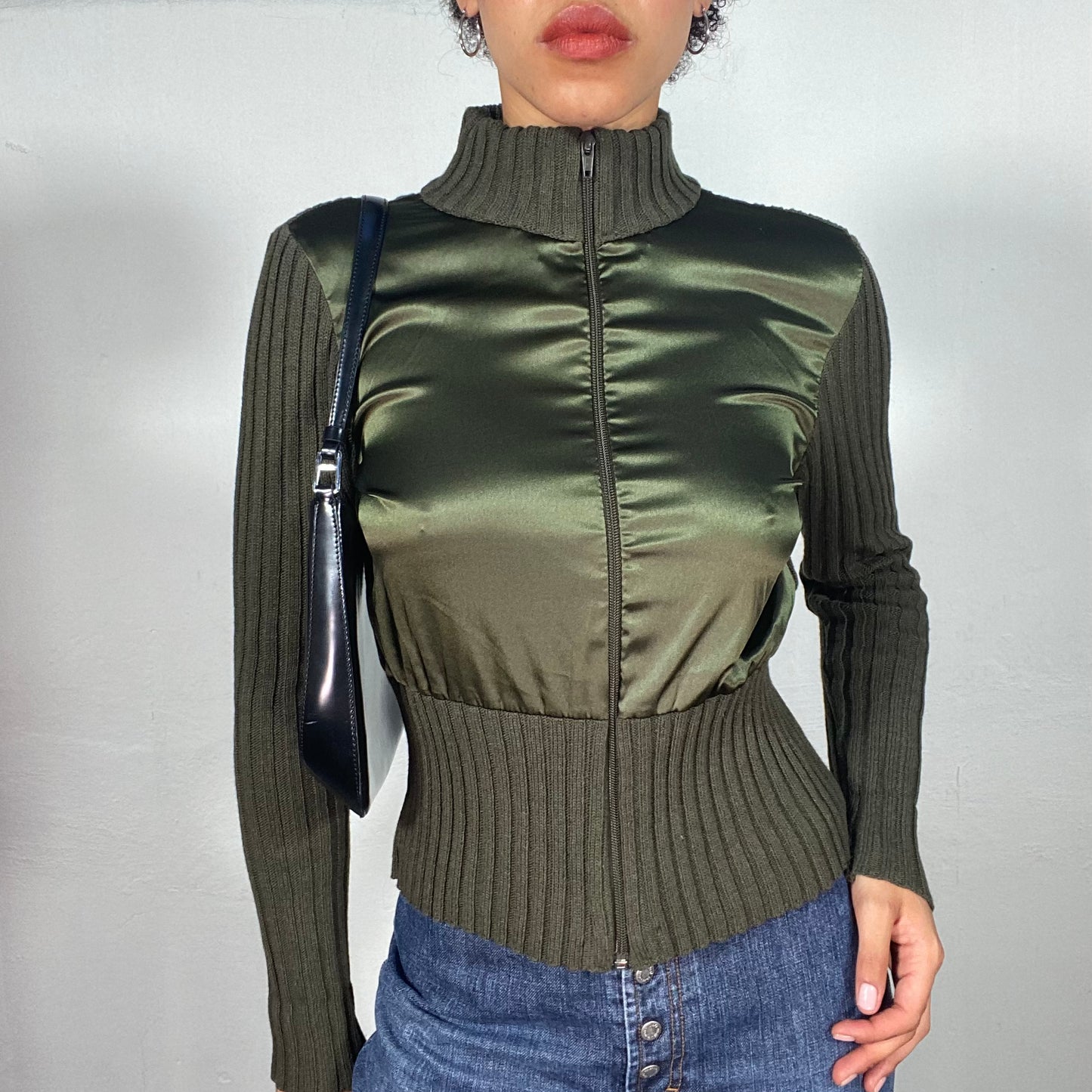 Vintage 2000's Streetstyle Green Knit Zip Up Sweater with Satin Detail (S/M)