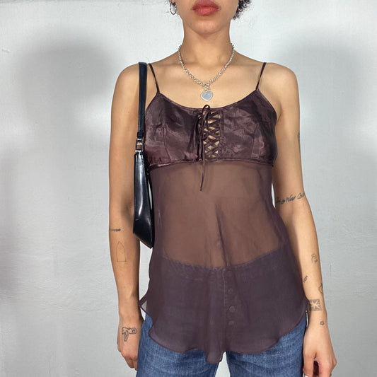 Vintage 90's Coquette Brown Satin and Mesh Cami Top with Lace Up Detail (M)