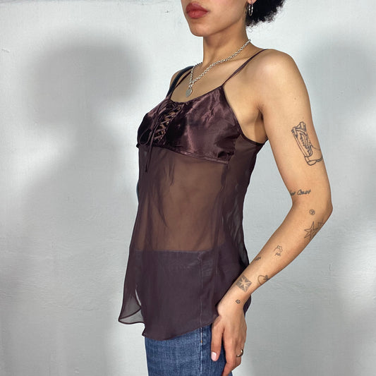 Vintage 90's Coquette Brown Satin and Mesh Cami Top with Lace Up Detail (M)