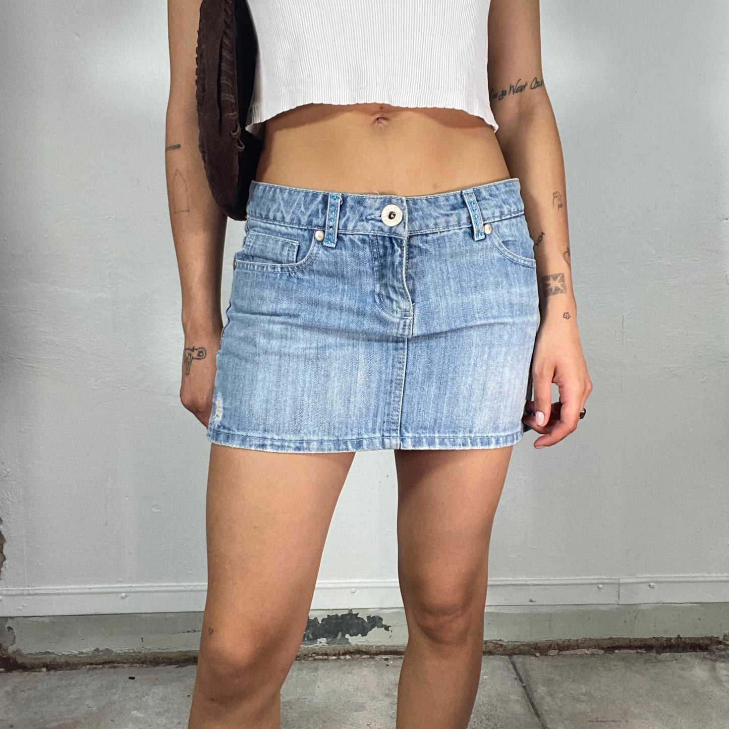 Vintage 2000's Grunge Light Wash Denim Mini Skirt with Rhinestone Details (S)