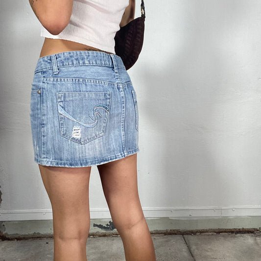 Vintage 2000's Grunge Light Wash Denim Mini Skirt with Rhinestone Details (S)