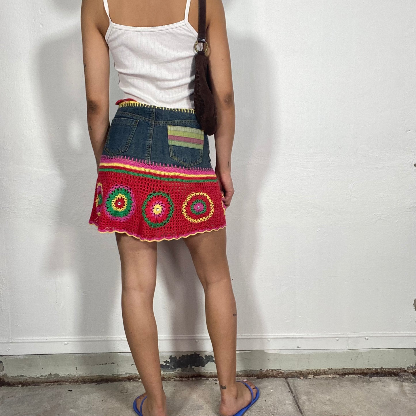 Vintage 90's Hippie Deinem and Crochet mini Skirt with Embroidery Details (S)