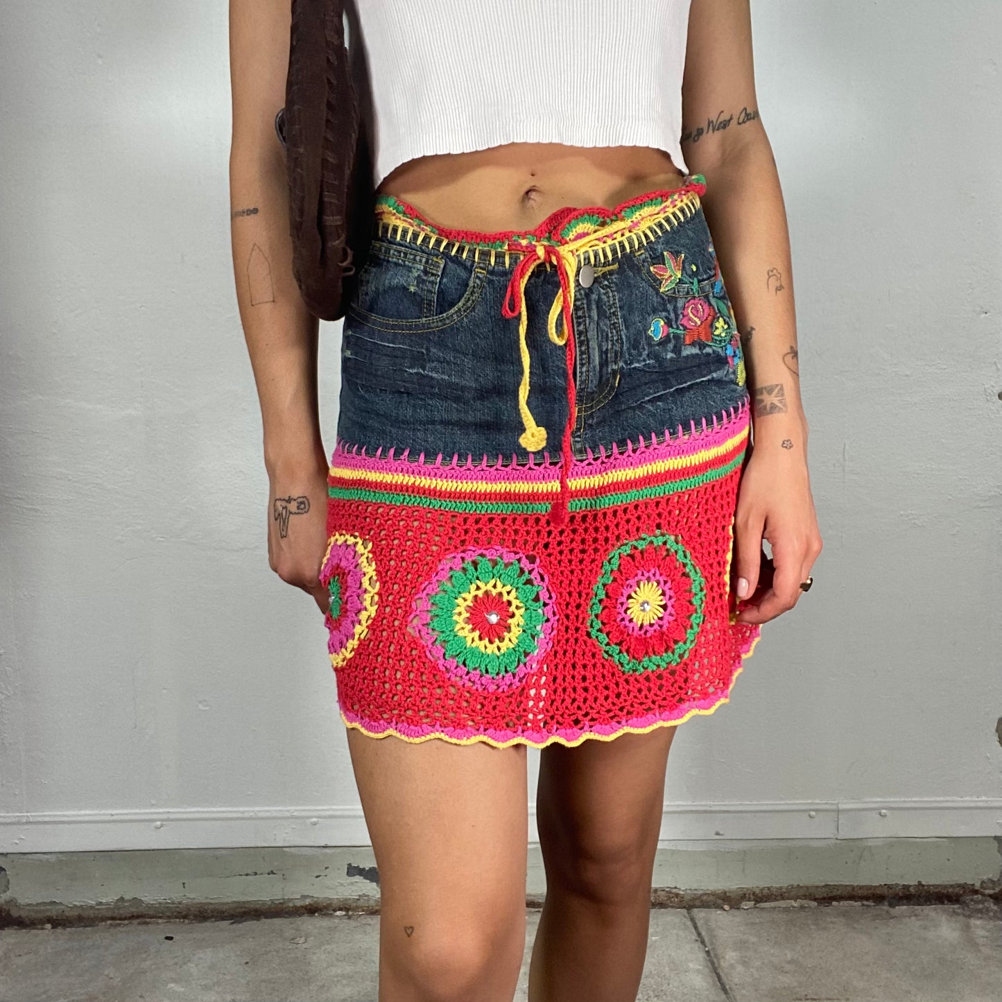 Vintage 90's Hippie Deinem and Crochet mini Skirt with Embroidery Details (S)